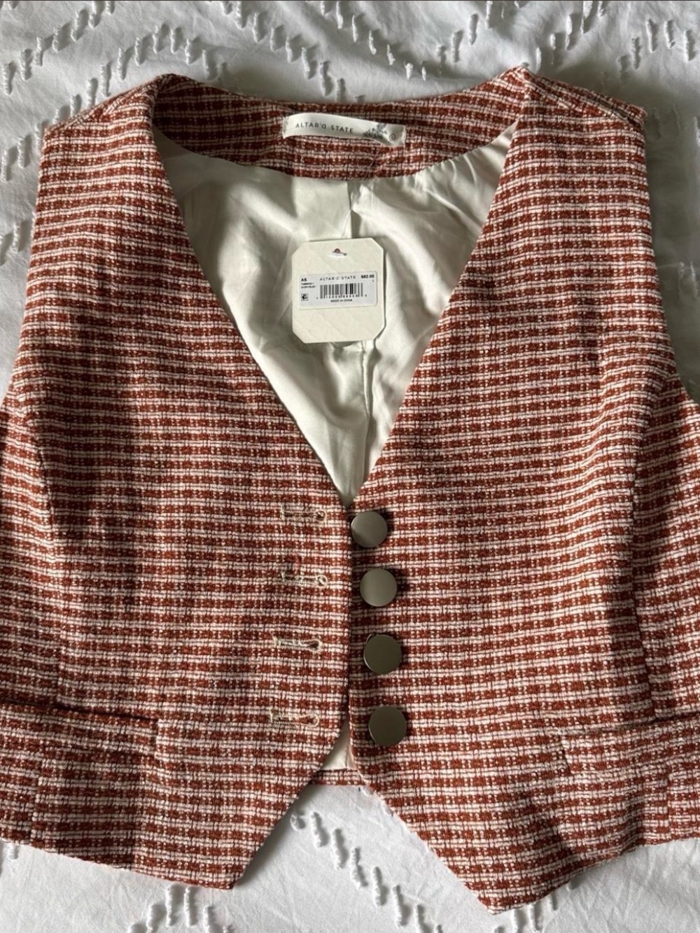 Altar'd State Rust Tweed V-Neck Vest with Metallic Buttons